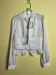 White Tie-Neck Ruffle Blouse