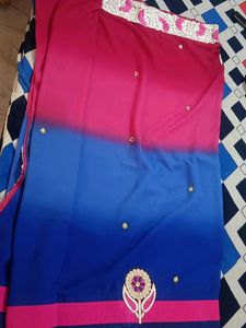 Blue &amp; Pink Embroidered Saree with blouse