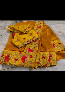 Yellow Embroidery Work Blouse With Saree 😍