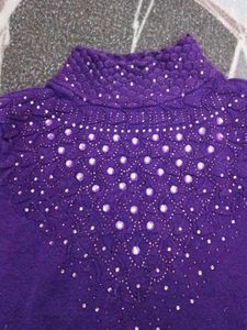 Purple Embellished Turtleneck Sweater