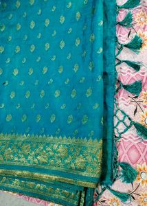 Teal &amp; Gold Embellished Saree