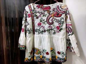White Indian Printed Top (Free Size)