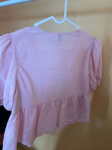H&amp;M Pink Tie-Front Puff Sleeve Top