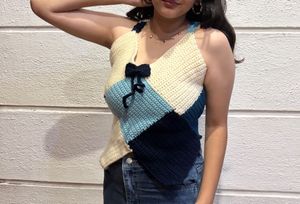 Blue &amp; cream colour blocked top with bows