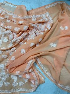 Peach Lukhnowi ChikanKari Saree