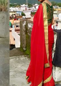 Red Saree With Stiched Blouse