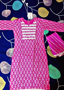 pink rose kurti with lehriya duptta
