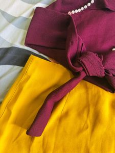 Maroon Crop Top With Yellow Mini Skirt