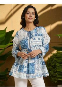 Blue &amp; White Tie Neck Top