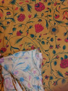 Mustard Floral Cotton Satin Fabric