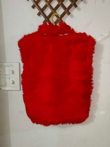 Red Faux Fur Zip Up Vest