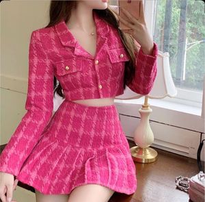 Pink Plaid Korean Crop Top and Skirt Set