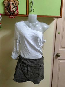 Asymmetrical White Top & Utility Mini Skirt