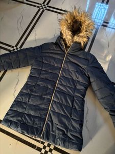 New Navy Puffer Coat with Fur Hood