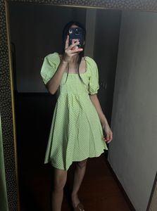 Green Gingham Puff Sleeve Dress