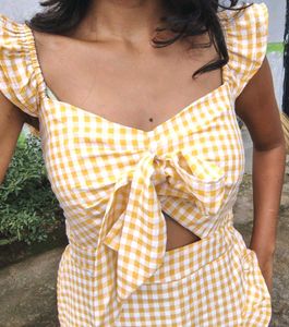 Mustard Checked Cut - Out Smocked Bow Flared Dress