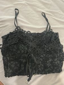 beautiful black lace dress noodle strip front slit