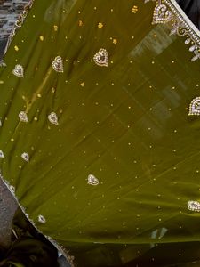 ✨ Elegant Olive Green Embellished Saree ✨