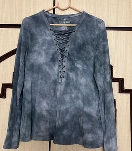Grey-Blue Tie Dye Criss Cross Neck Top