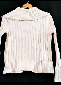 Women Korean White Ribbed Sweater