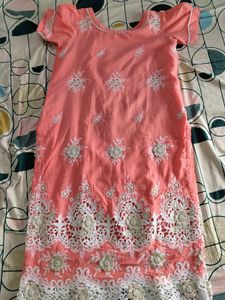 Peach Embroidered Kurta With Chikankari Pant