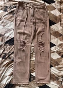 Urbanic Brown Ripped Straight Fit Jeans For Women