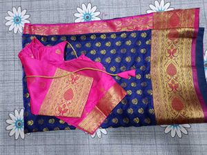 Royal blue saree with stiched blouse