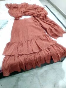 Brown Ruffles Stitched Saree🆕✨ Branded ⚡