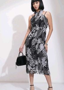 Leaf Print Halter Midi Dress