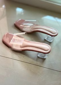 Nude Block Heel Mules with Clear Strap