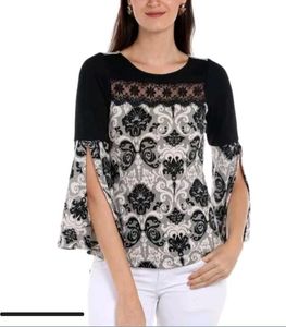 Elegant Black & White Damask Split Sleeve Top