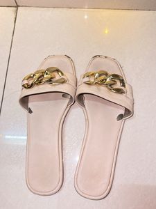 Slippers Flip Flops Branded Beige White Golden