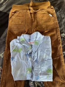 Babyhug Outfit - Corduroy Pants & Palm Print Shirt