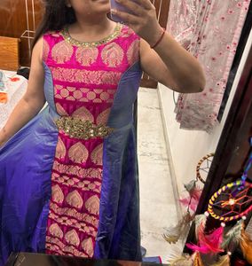 Regal Blue &amp; Pink Silk Floor-Length Anarkali Suit