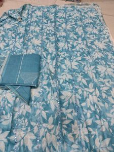 Aqua Floral Unstitched Suit Fabric