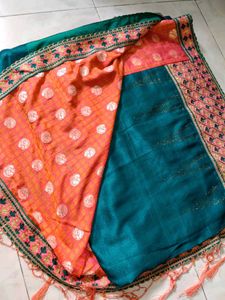 Elegant Teal &amp; Orange Sari