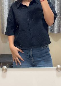 Textured Black Button-Down Shirt