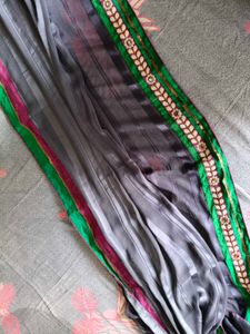 Striped Grey Kurta With Full Size Dupatta