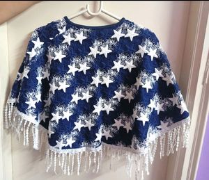 Navy Blue &amp; White Full Embroidery Poncho