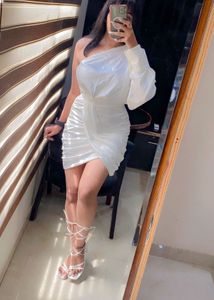 One Shoulder Satin White Dress