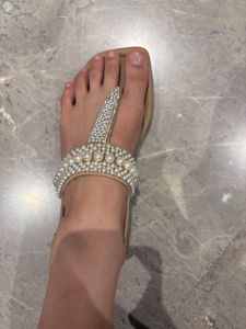 Beaded Rhinestone &amp; Pearls Flat Sandals 👡