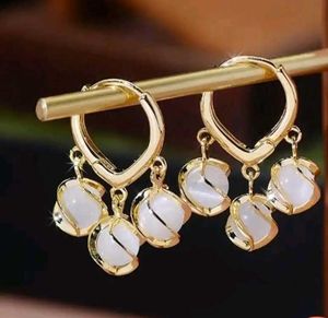 Gold Hoop Earrings with Moonstone Charms