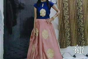 women peach and blue crop top skirt with duptta