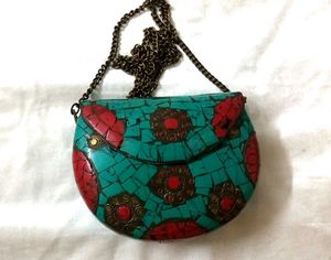 Turquoise And Coral Mosaic Stone Chain Sling Bag