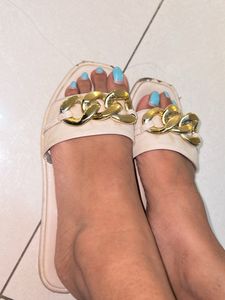 Slippers Flip Flops Branded Beige White Golden
