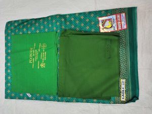 Green Cotton Printed Saree With Blouse &amp; Peticoat