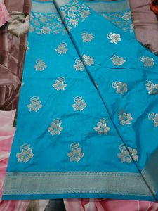 Blue Saree With Silver Print And Border