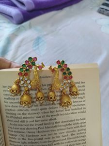 Golden Peacock Jhumkis With Red And Green Bead Detailing