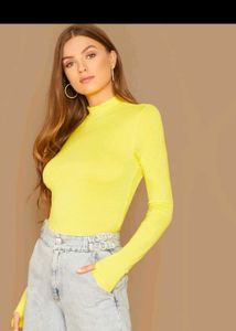 SHEIN Neon Yellow Mock-neck Thumb Hole Tee