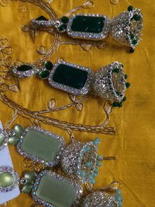 Green Stone Earrings 2 pair set fancy